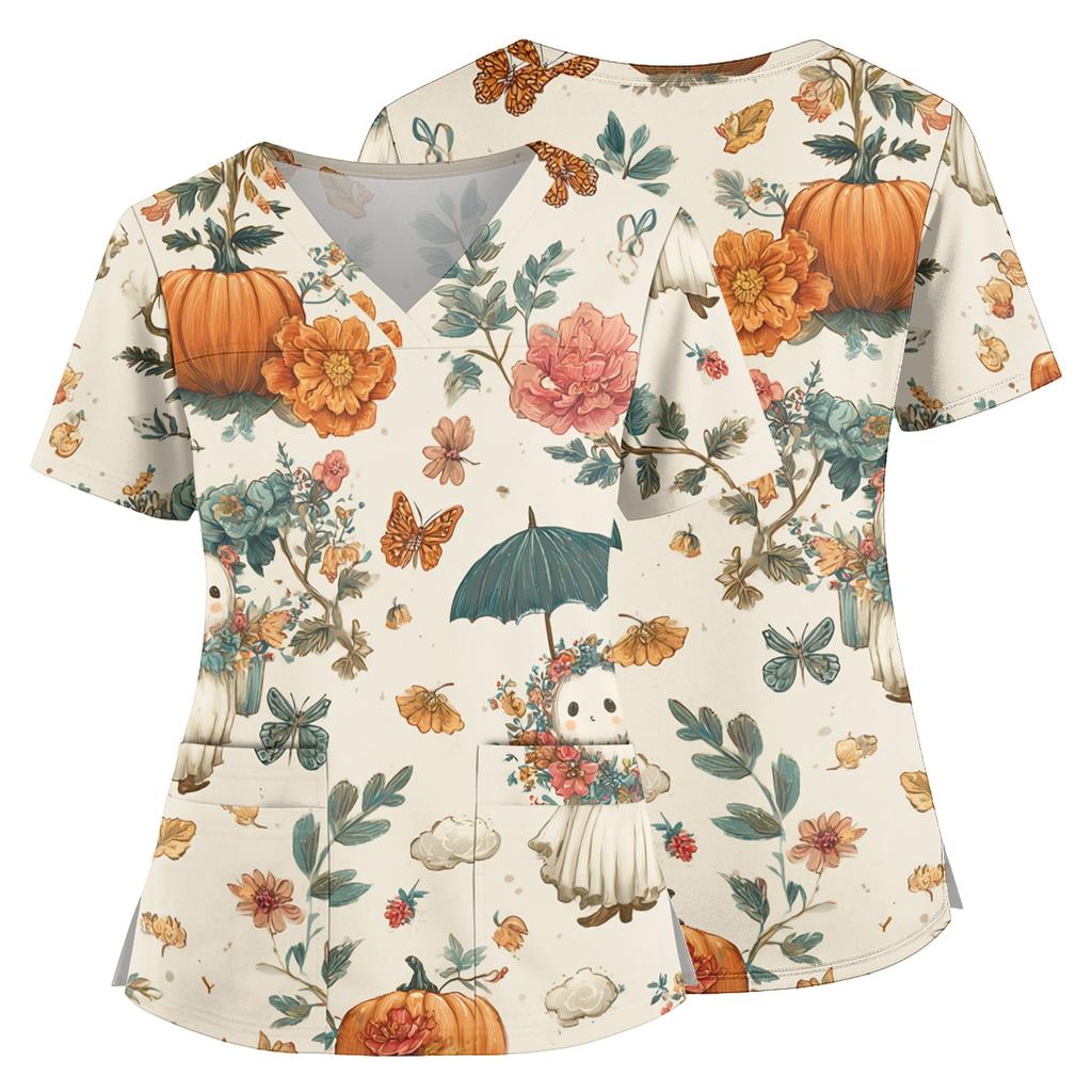 Women V Neck Scrub Top with Pockets Short Sleeve Side Split Hem Halloween Print Floral Pattern Comfortable Fit Medical Uniform