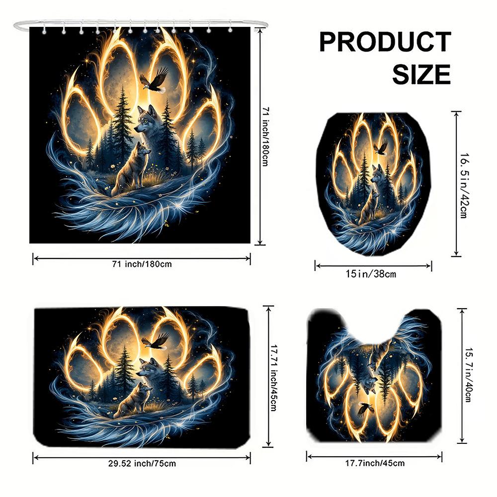 1/4Pcs Bathroom Shower Curtain Set Magic Forest Wolf Bathroom Curtain With 12 Hooks Non Slip Rugs Toilet Cover Mat Bathroom Partition