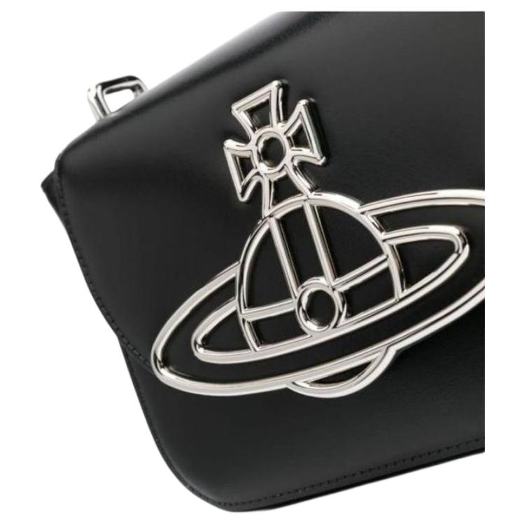 VIVIENNE WESTWOOD Linda Saturn Logo Silver Hardware Accessories Leather Shoulder Crossbody Bag Women Bags Black 43040069UL0077BLACK
