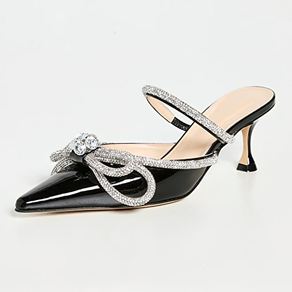 European and American Black Bow Rhinestone High Heels Slippers Pointed Head Bag Head One Pedal Sandals Fashion Wear European and American Style