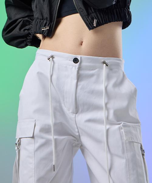 KOLEAT Women Functional Crinkly Strap Wide Cargo Slacks Pants [White]