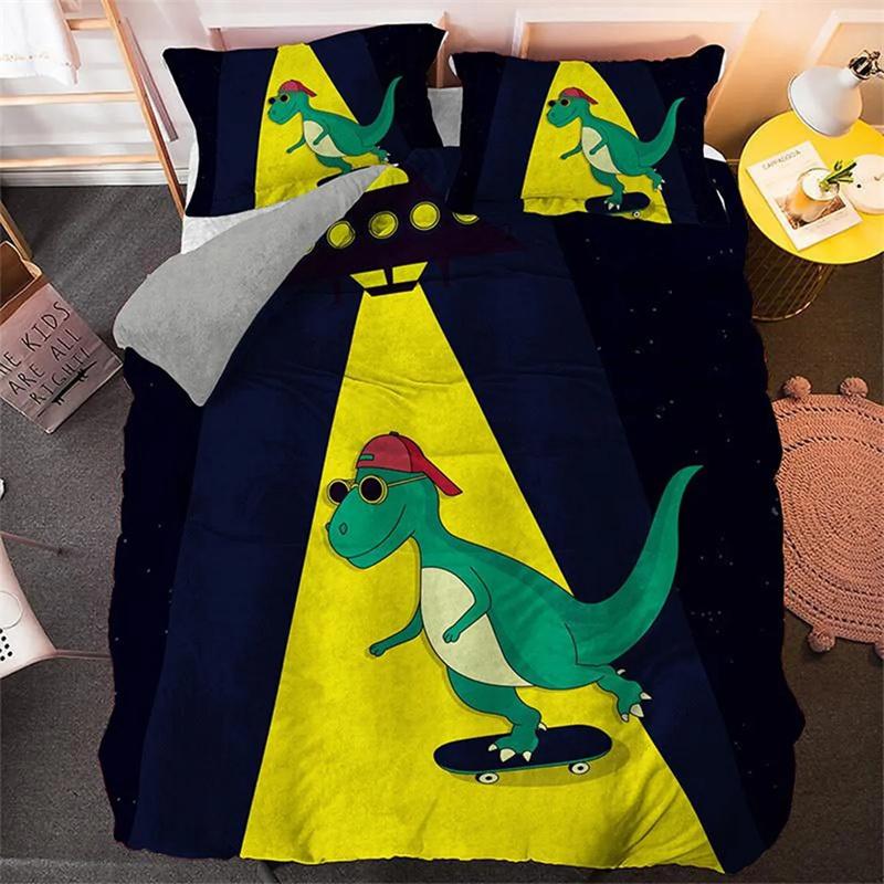 Cartoon Dinosaur Duvet Cover Dinosaur Theme Bedding Green Dinosaur Hello Bro Pattern Bedroom Decoration for Children Women Men