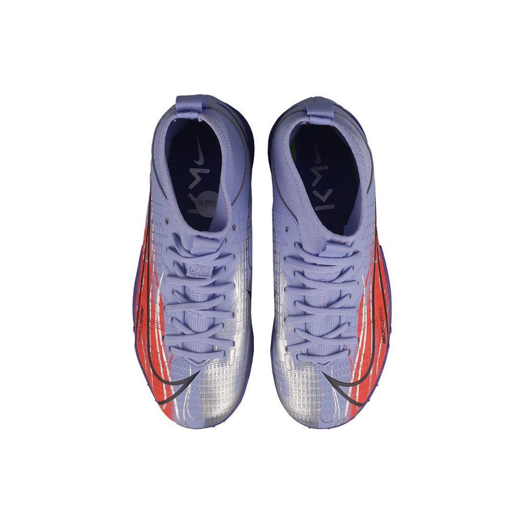 Nike Kylian Mbappé x Mercurial Superfly 8 Academy TF GS Scarpe da Calcio Light Thistle Indigo Burst Bright Crimson Argento Metallico DB0935-506