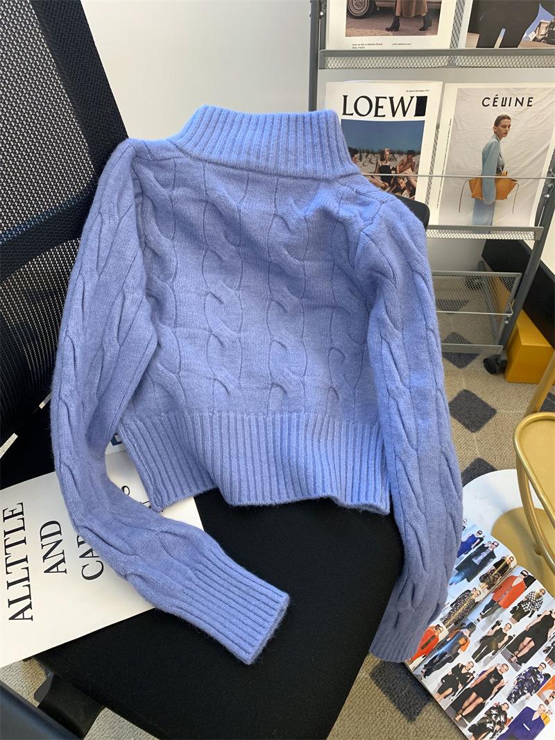 

Винтажный свитер-жакет с высоким воротником и переплетением, женский, студенческий, осенне-зимний, короткий, маленький, вязаный кардиган с вышивкой, топ average size синий