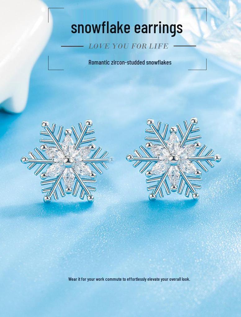 Sterling Silver Snowflake Stud Earrings with Marquise Cut Diamonds – Elegant Women's Christmas Fashion