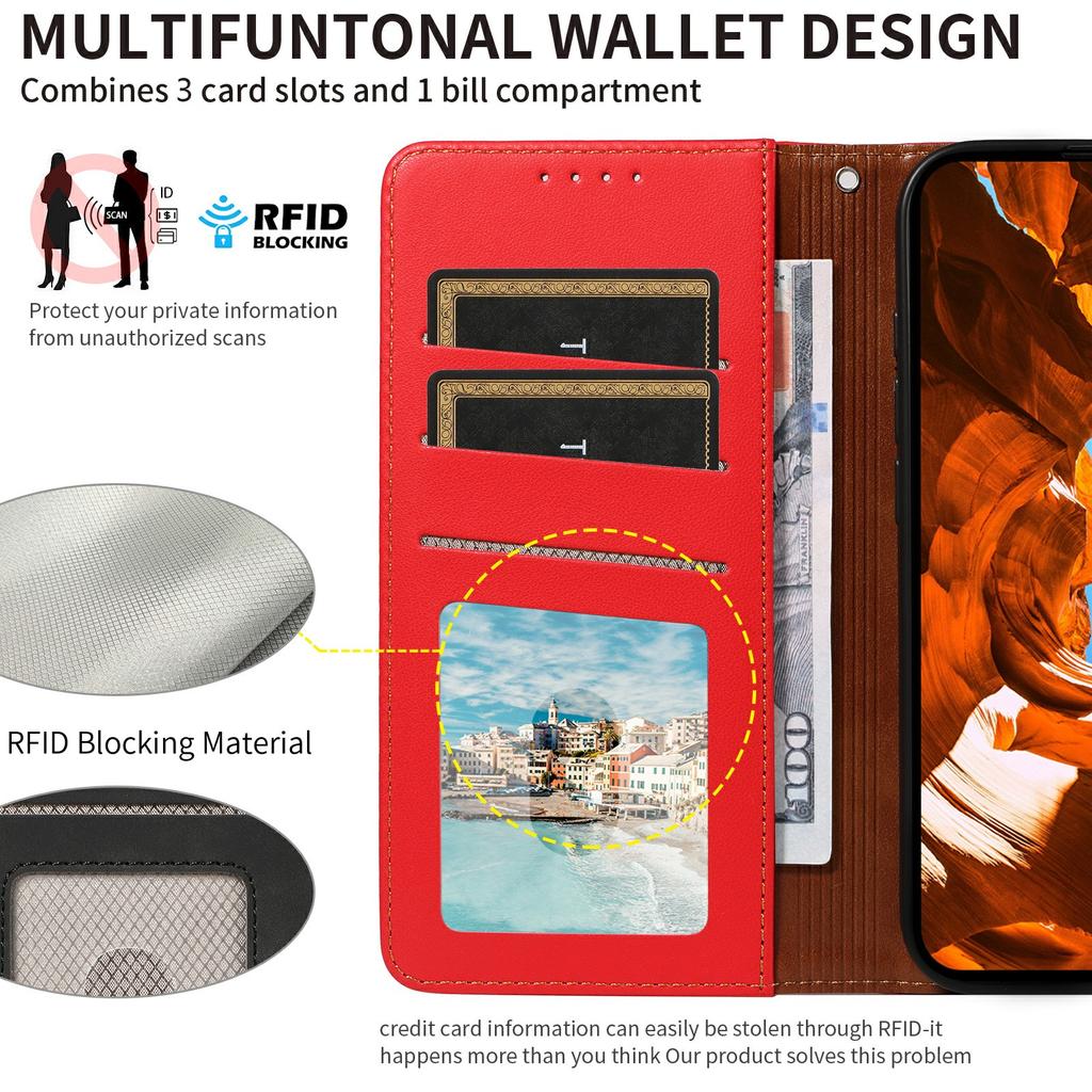 For Oppo Reno13 F 5G (Reno 13 FS 5G)/4G Case RFID Blocking Leather Wallet Flip Phone Cover with Wrist Strap