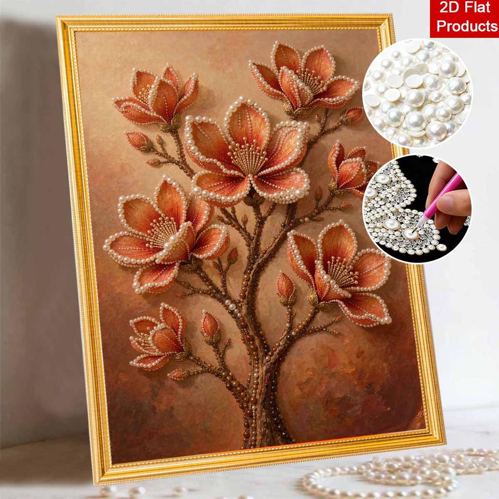 Orange Floral Blossom Magnolia Branch 5D Pearl Painting Kit with Frame DIY Sparkling Bead Canvas Art Relaxing Craft for Girls Room Decor