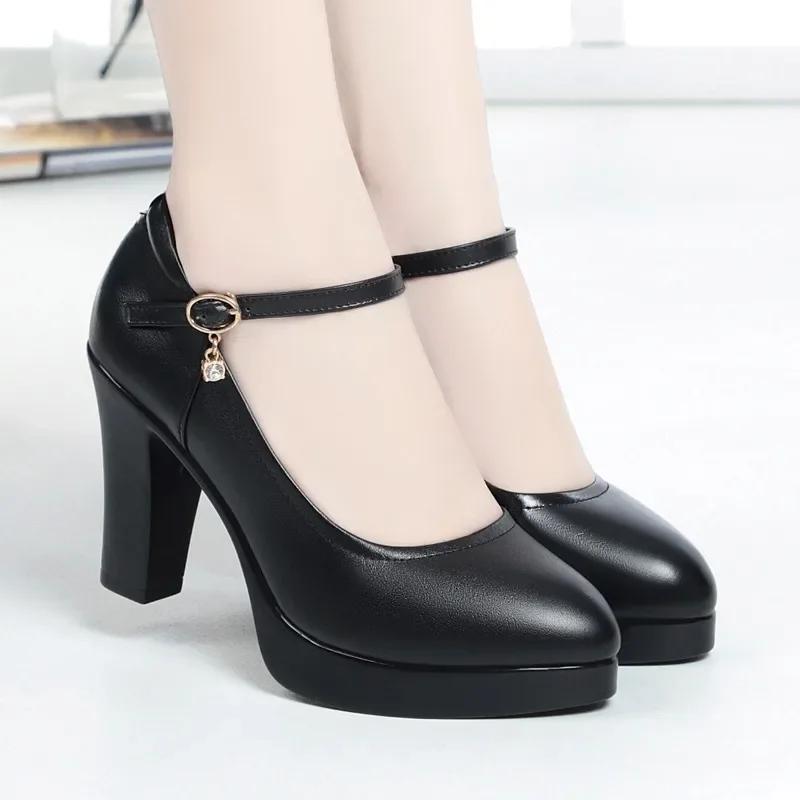 High Heels Platform Pumps Mujer 2025 Spring New Fashion Buckle Solid Black Shoes Woman PU Leather Waterproof Shoes Femme