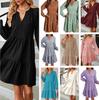 2026 European Autumn/Winter Women's V-neck Solid Color Patchwork Long Sleeve Loose Dress