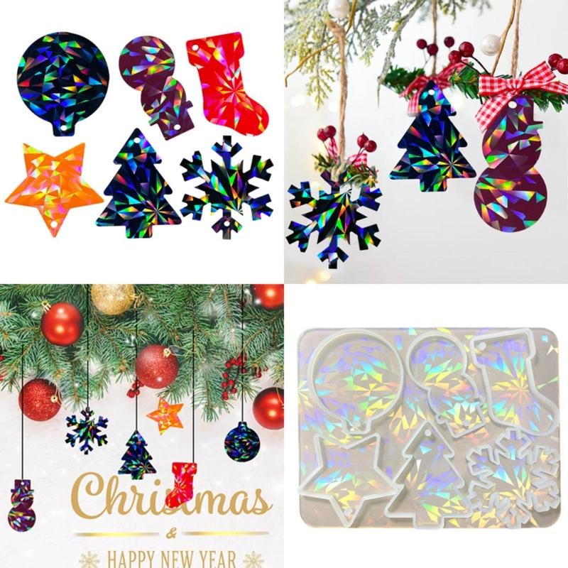 Holographic Christmas Silicone Mold for DIY Ornaments Snowman Resin Mold Christmas Tree Snowflake Pendant Epoxy Molds