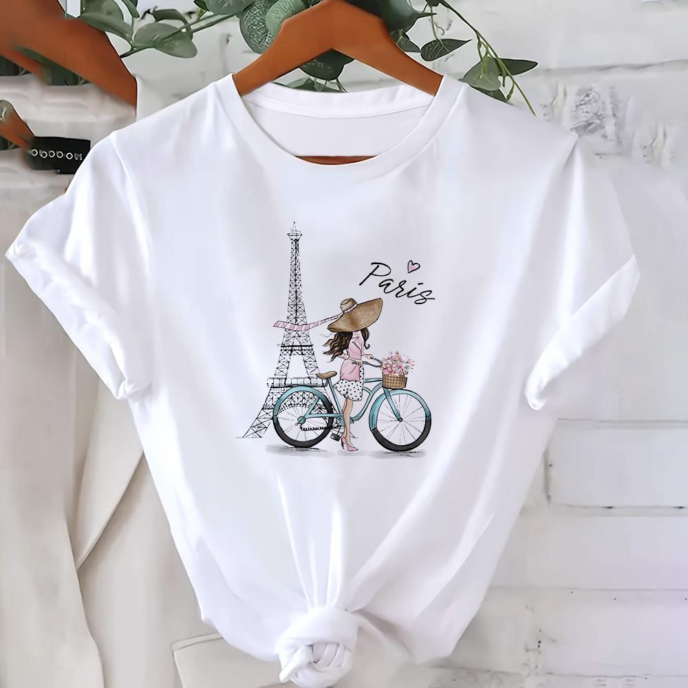 Simple And Elegant Paris Tower Printed Top O-neck Short Sleeved T-shirt High-quality And Comfortable Daily Women's Clothing