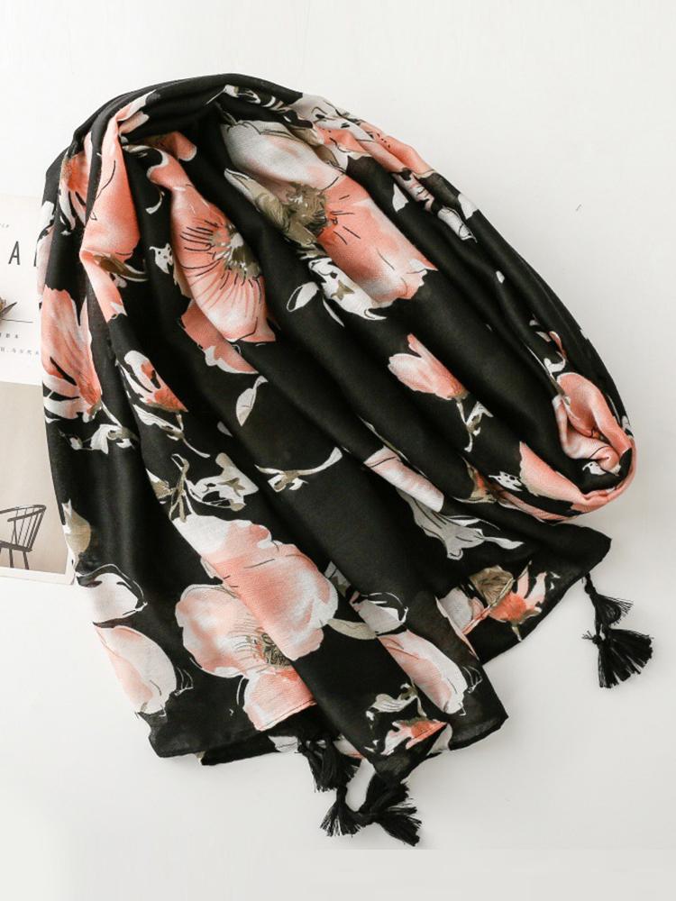 Retro Women Silk Scarf Black Floral Print Bright Silk Wrap Shawls Lady Sunscreen Bandana Hijab Scarve Pareo Headscarf Boho New