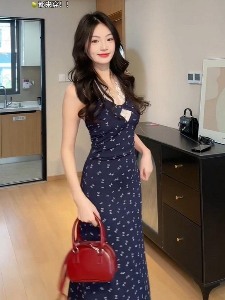 Kink Lace Neck Sling Floral Dress Women's Summer New Seaside Vacation Beach Dress