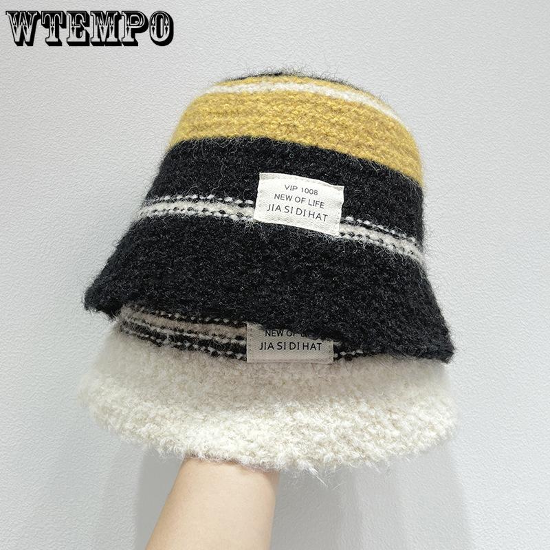 

New Korean and Japanese Style Versatile Bucket Hat for Autumn and Winter Warm and Color Blocked Knitted Hat one size