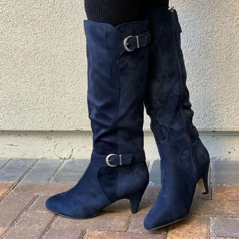 New Arrival Knee High Boots Thin Heel Square Toe Comfortable Ladies Shoes Winter Solid Buckle Women Boots Zip Heel Boots