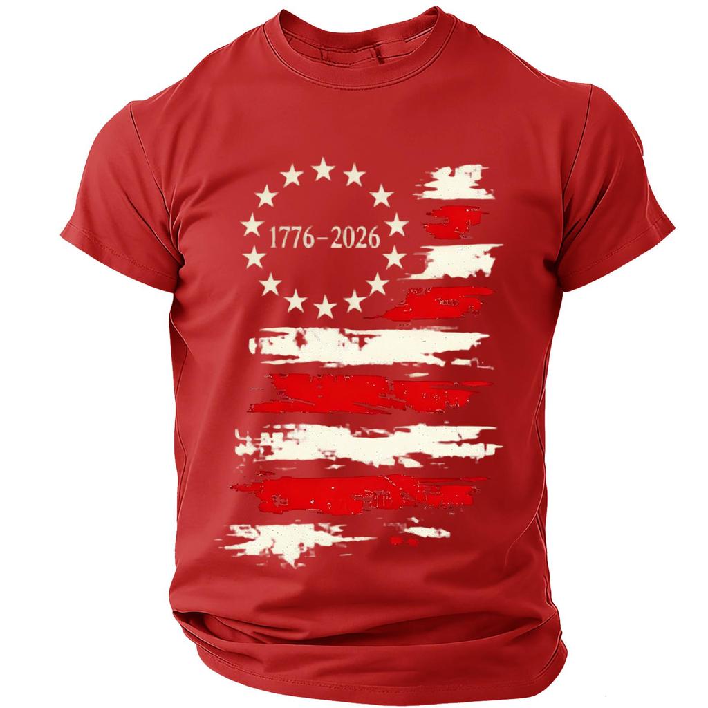 Men’s Short Sleeve Crew Neck T Shirt with Distressed Flag Print 776–2026 Graphic for Everyday Wear