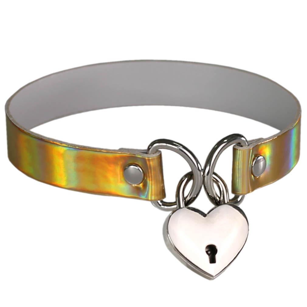 Laser Glow Heart Lock Choker, Punk Luminous Concentric Heart Lock Neckband