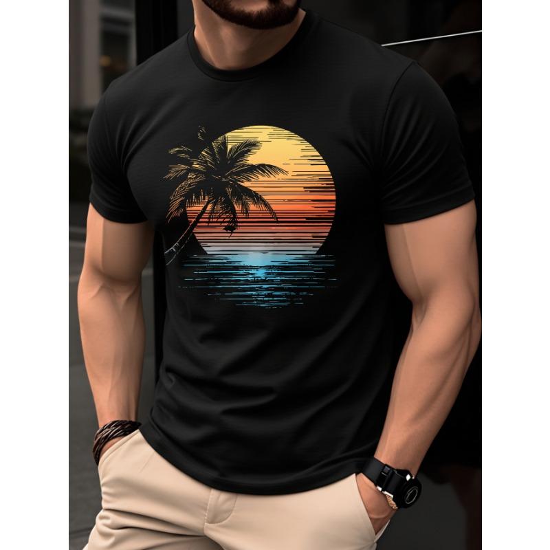 Men's Summer Casual Fashion Sunset Palm Tree Print Crew Neck Short Sleeve T-Shirt