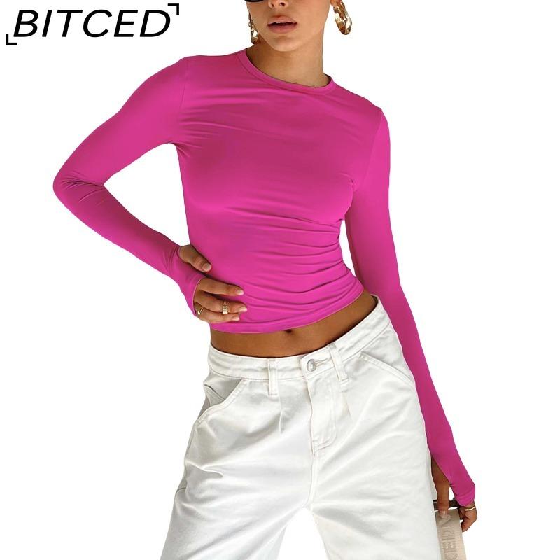 BITCED Women's Spring/Autumn T-Shirt Solid-Colour O-Neck Base Layer Slim-Fit Long-Sleeved Top