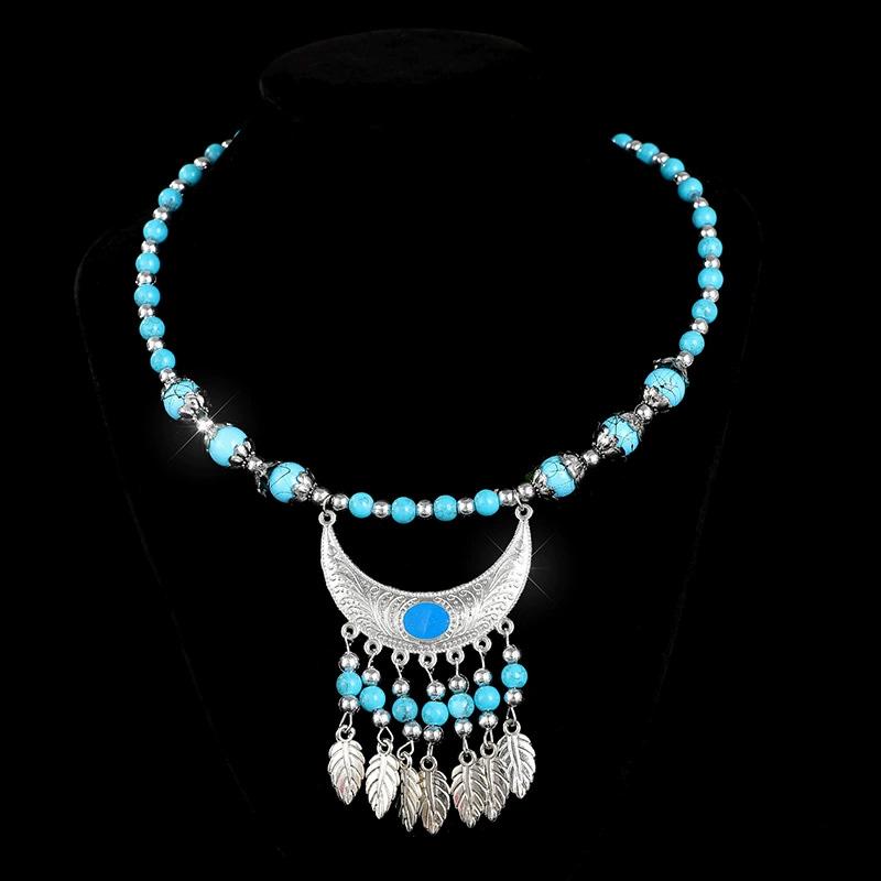 1PC Ethnic Multicolor Long Chain Boho Stone Beads Jewelry Accessories Leaf Red Stone Alloy Carving Gaskets Tassel Necklace