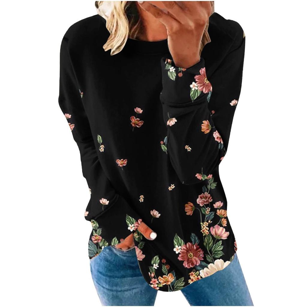 Damen Casual Fashion Print Langarm Rundhals Pullover T-Shirt Top