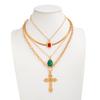Hip Hop Diamond Jewel Cross Pendant Necklace, Stylish Stacked Metal Snake Bone Chain Necklace