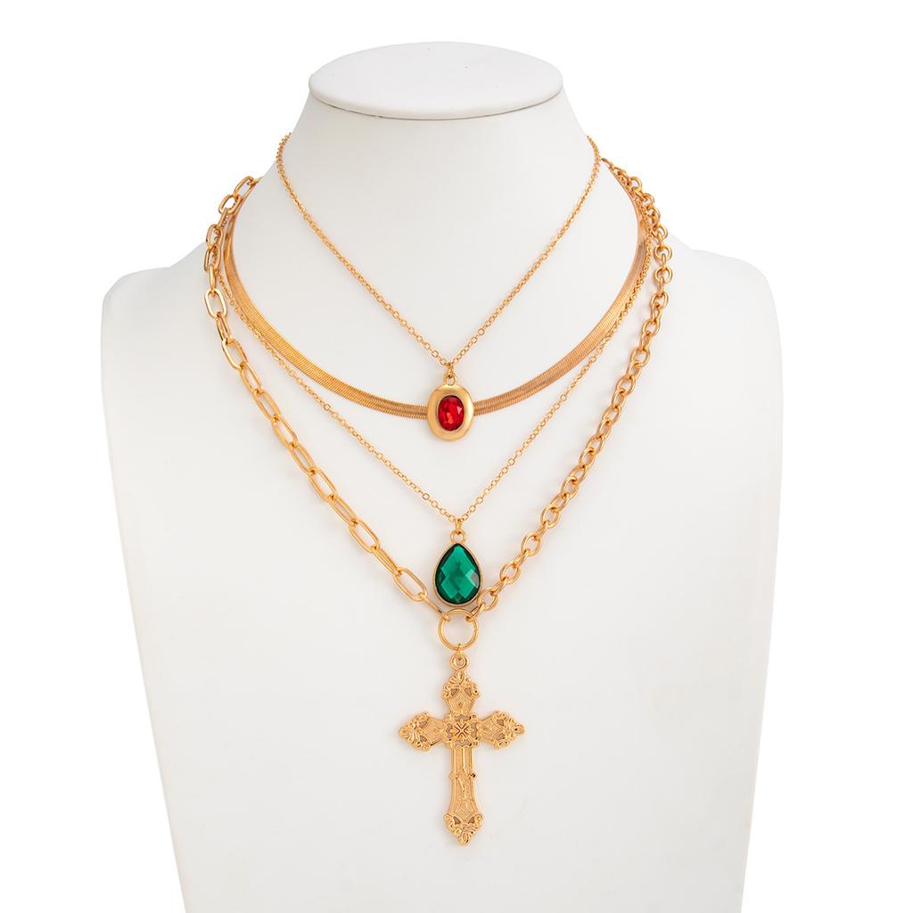 Hip Hop Diamond Jewel Cross Pendant Necklace, Stylish Stacked Metal Snake Bone Chain Necklace