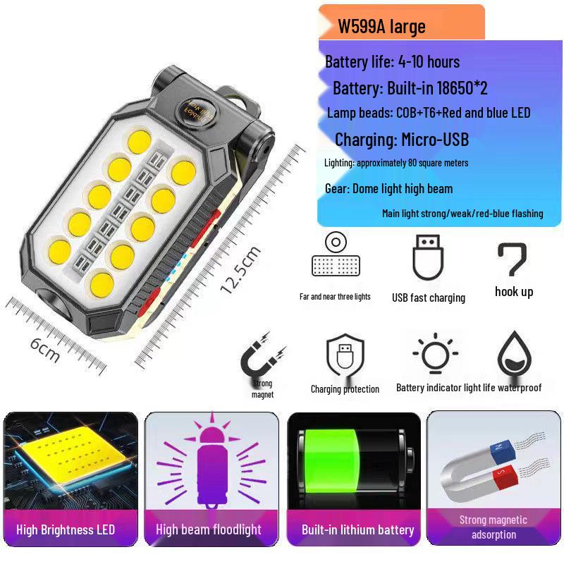 COB LED Work Light: USB Charge, Magnetic Hook, Power Display, Emergency Flashlight