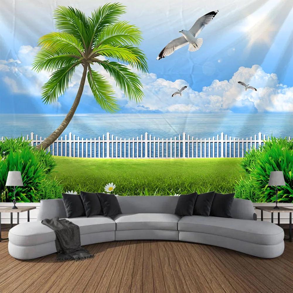 Bedroom Landscape Tapestry Sea View with Coconut Trees Home Mural Art Wall Decoration Aesthetic Garden Hanging Decor