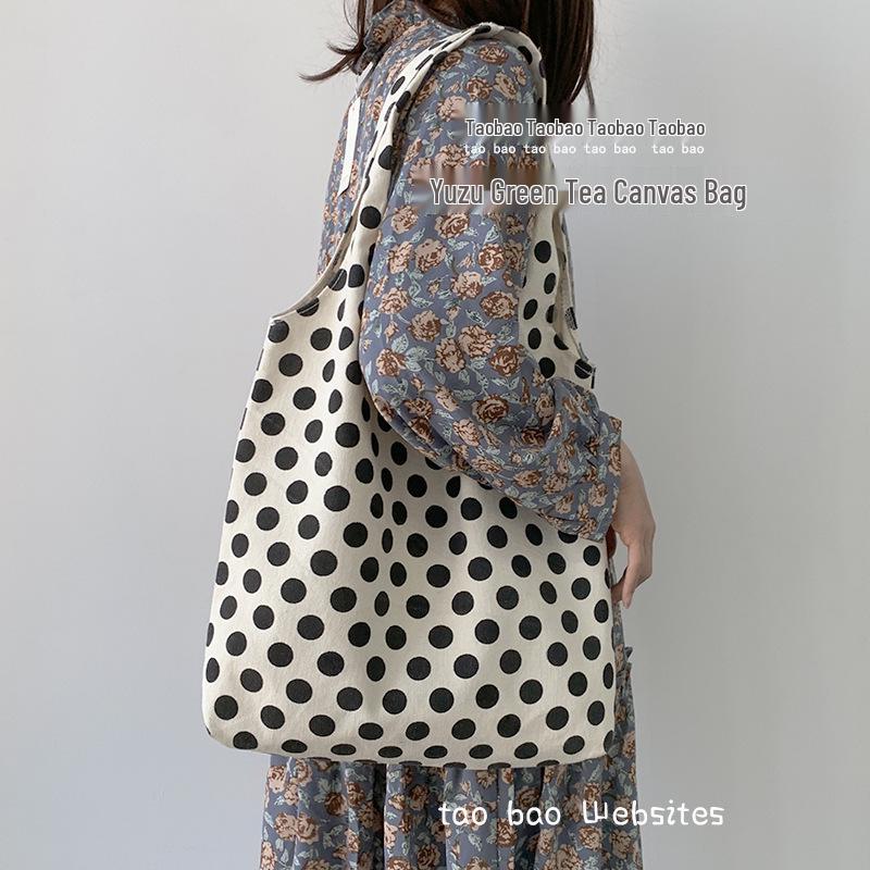 2025 Nordic Polka Dot Canvas Tote Bag - Japanese & Korean Style for College Students