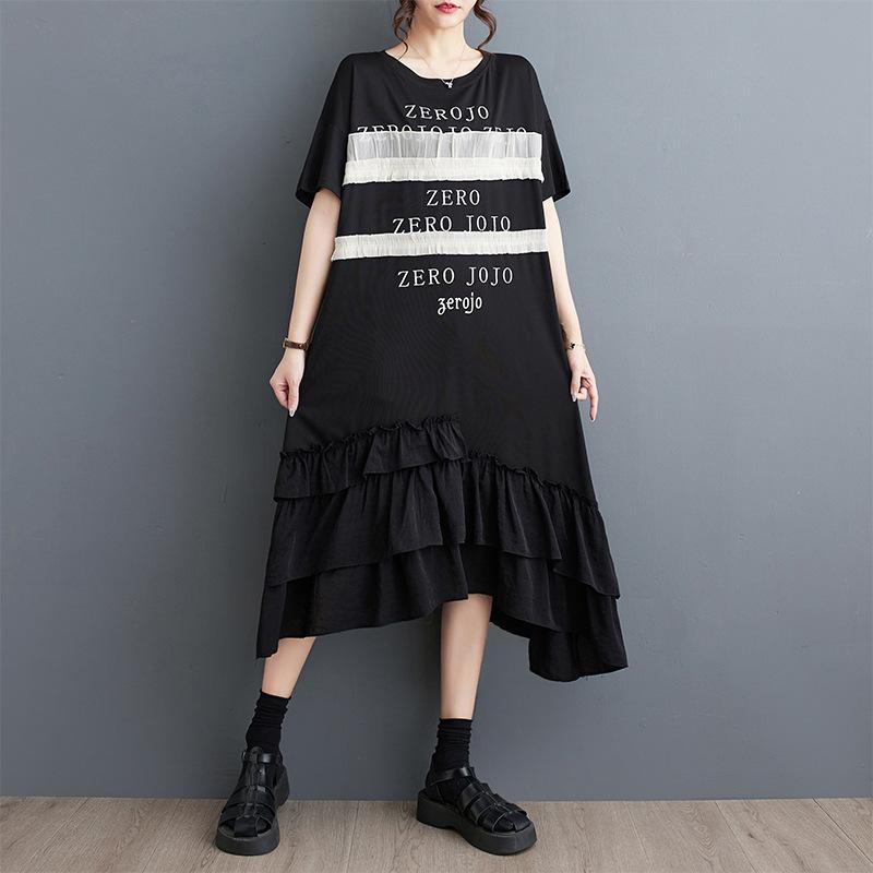 Spring and Summer Plus Size Women's T-shirt Dress Casual Wooden Ear Side Splicing Letter Printed Dresses