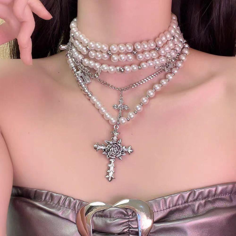 Light luxury high-end thorns rose cross pendant beaded necklace niche design multi-layer stacking heavy industry necklace