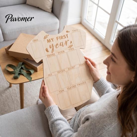 Natural Log Photo Holder Wooden Baby Milestone Frame, My First Year Growth Picture Infant Onesie Shaped Newborn Monthly Memory Keepsake for