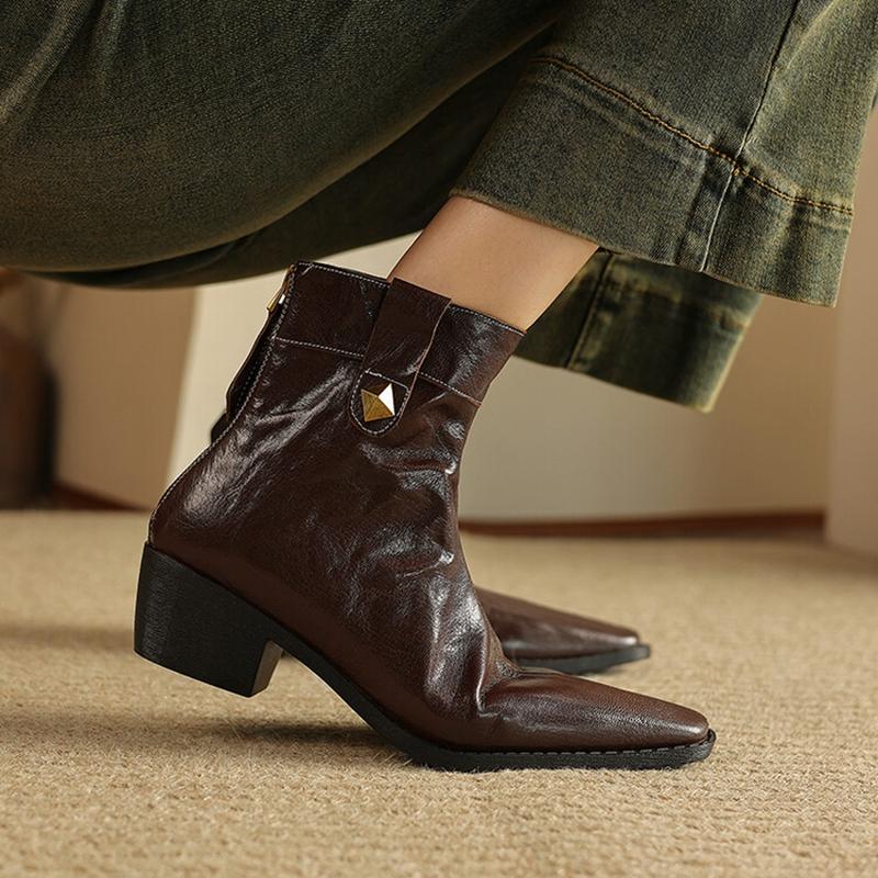 Fashion NEW Autumn Women Boots Genuine Leather Shoes for Women Square Toe Chunky Heel Shoes Rivet Zip Ankle Boots Concise Western Boots