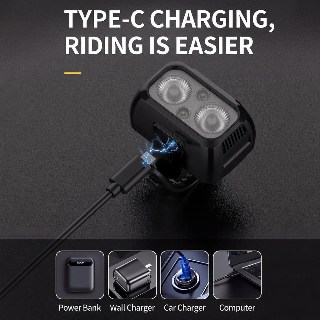 Type-C Powered Bicycle Headlight Rechargeable Compact Design Easy Install for Experience Night Road Trips Camping Adventures