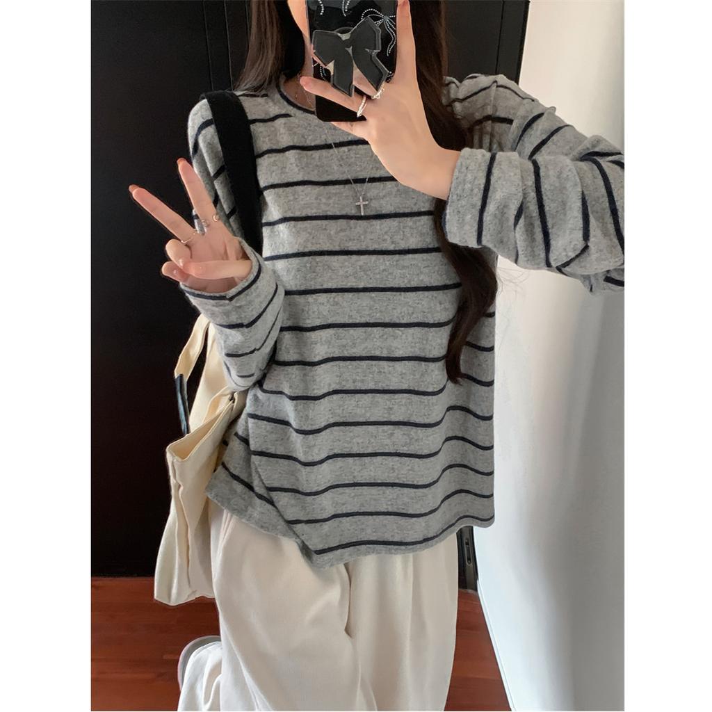 Crew Neck Striped Contrasting Color Chic Loose Sweater Women's Spring and Autumn French Retro Lazy Wind Polished Warm Top
