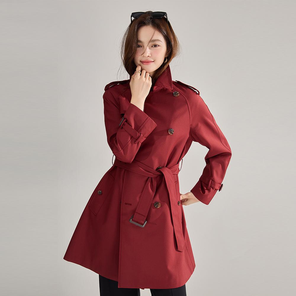 Spring new Ankela red trench coat double-breasted silhouette temperament classic casual medium and long coat women 22396