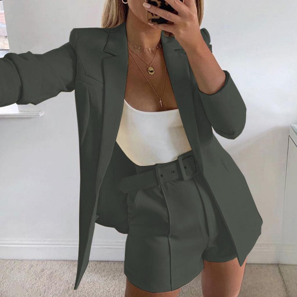Women's Slim Fit Two Piece Suit Lapel Long Sleeve Blazer High Waist Belted Short Co-ord Outfit Set