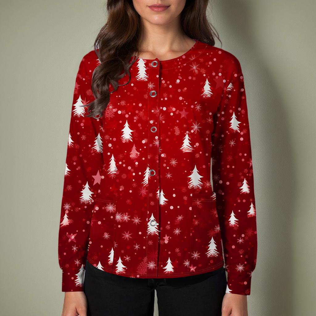 Women's Casual Long-sleeved Single-breasted Christmas Printed Protective Clothing Cardigan Top