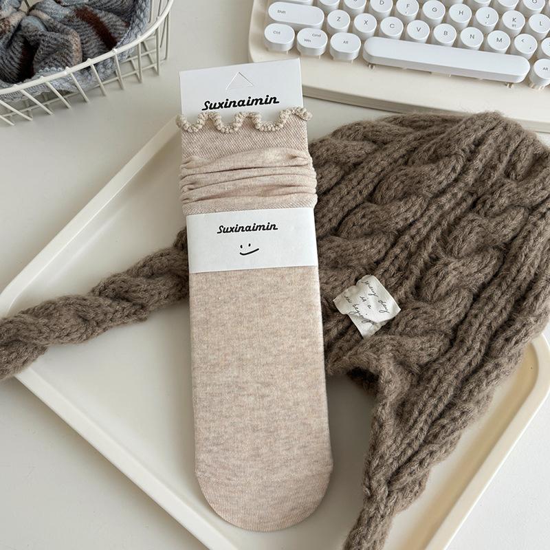 

Однотонные гольфы до середины икры с бахромой из черного гриба для осени и зимы, повседневные бесшовные носки в школьном стиле для женщин, чистый хлопок 1 pair