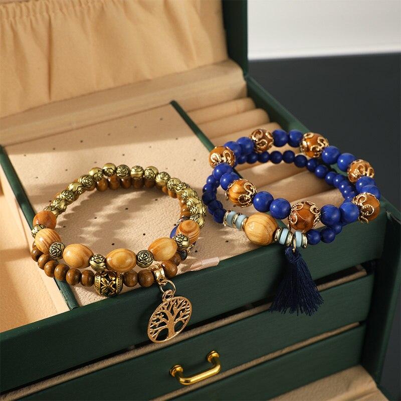 4pcs Vintage Bracelet Ladies Light Luxury Style Multi Color System Stone Tassel Multi Layer Beads Leaf Pendant Jewelry