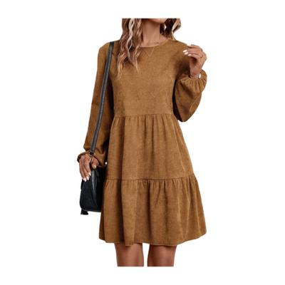 Womens A-Line Faux Suede Mini Dress Casual Long Sleeve Crew Neck Tiered Swing Dress Fall Loose Outfit