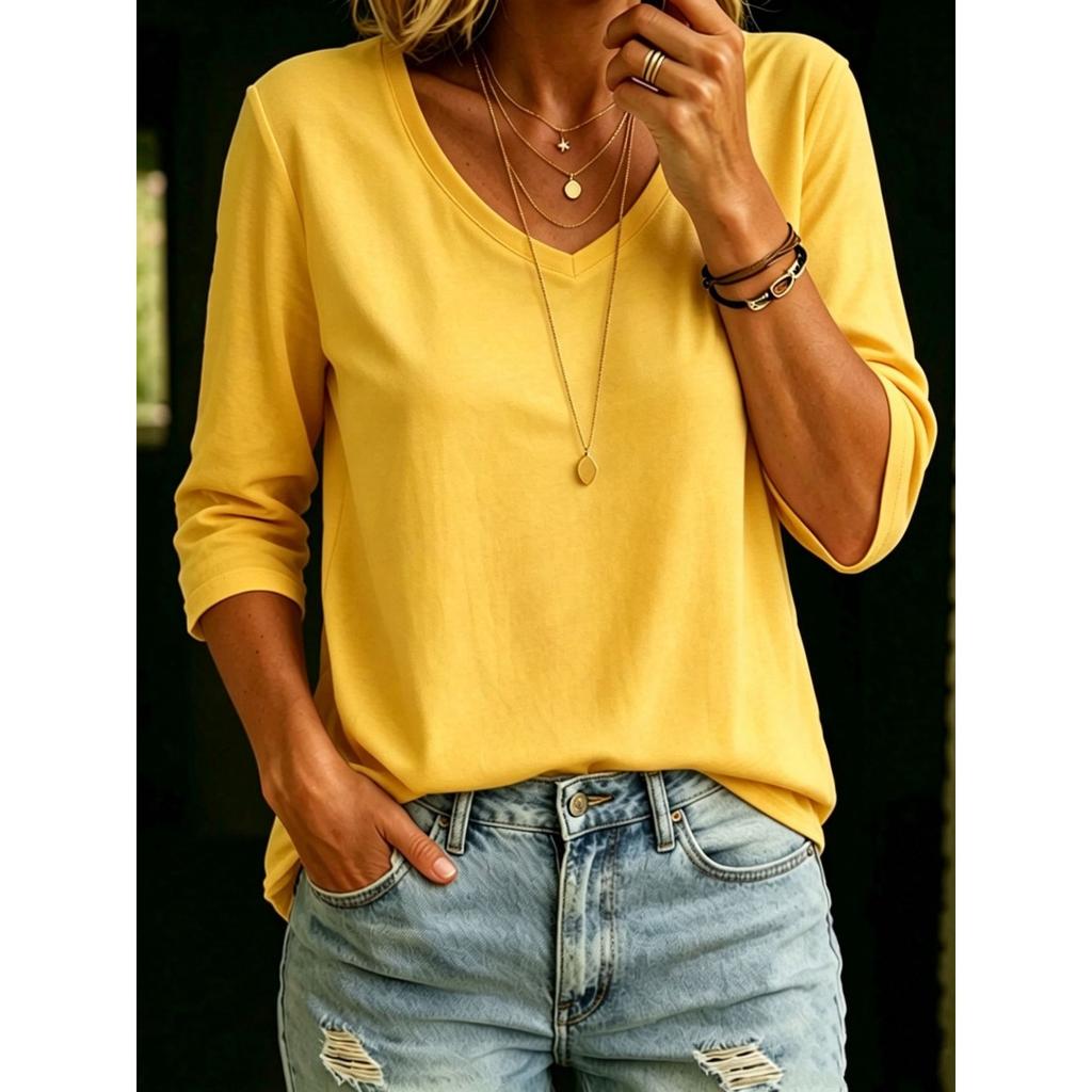 Women's V Neck Three Quarter Sleeve Tee Tops Loose Solid Color Basic Casual Blouse