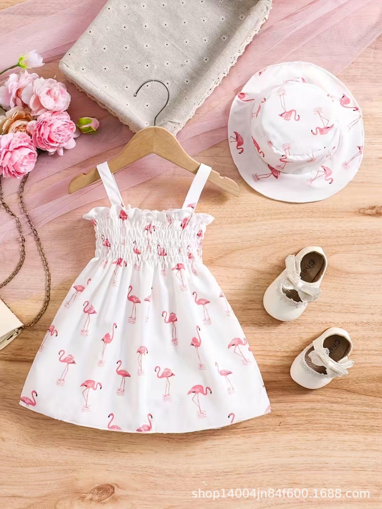 

0-3 Years Old Girls Fashionable Princess Two-piece Summer Children s Cute Flamingo-print Halter Dress And Hat 12-18M