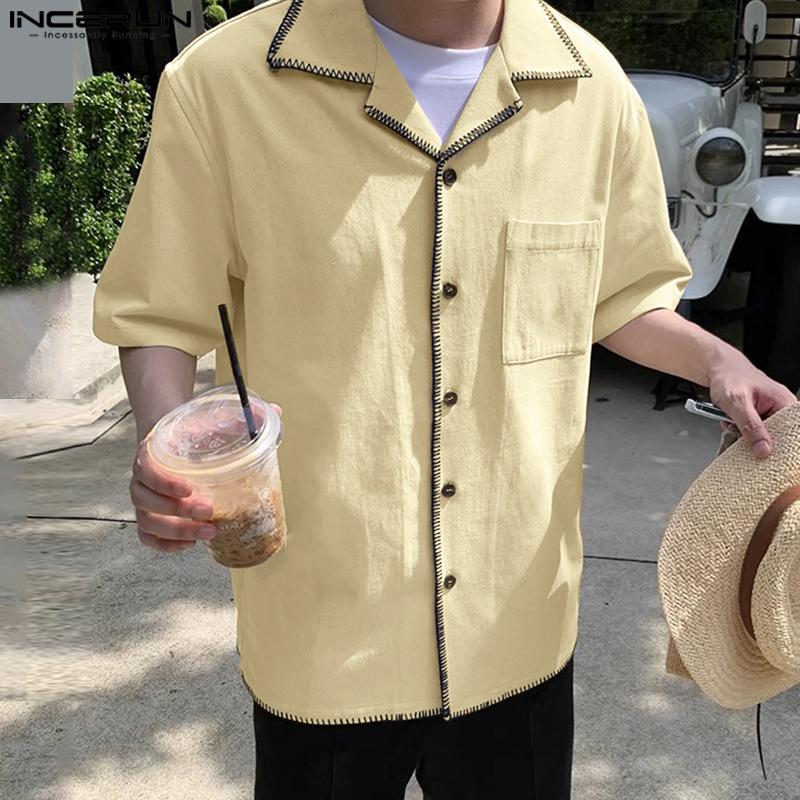 

INCERUN Summer Men Short Sleeve Stitching Casual Vintage Cotton Shirts M зелёный