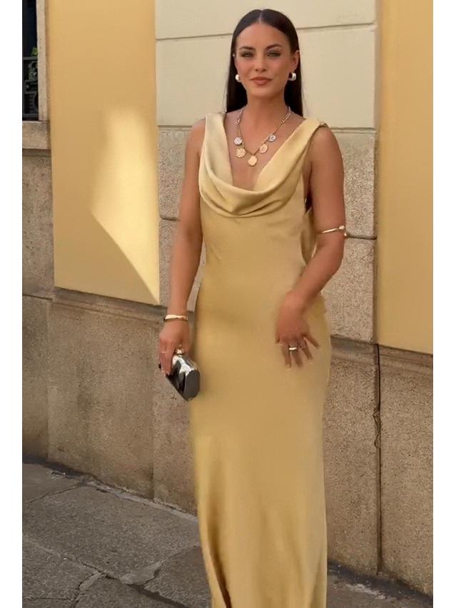 

Летнее женское европейское и американское вечернее платье с открытой спиной и драпированным вырезом L золотой