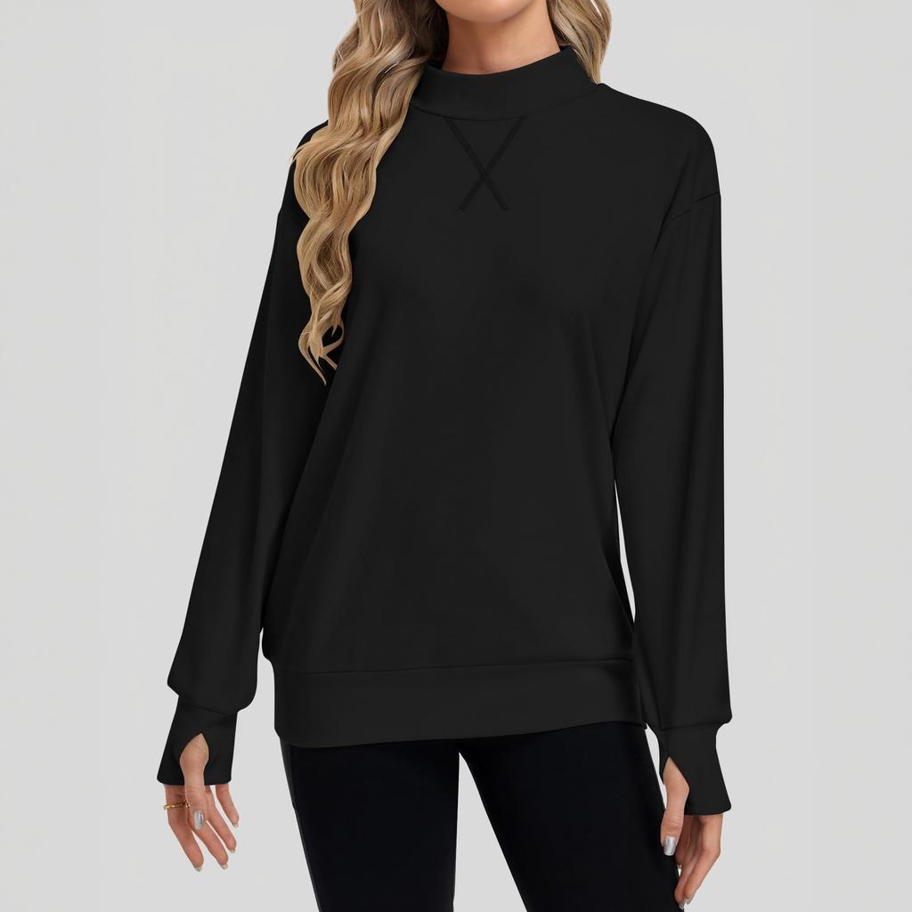 Women's Casual Mock Neck Long Sleeve Top with Thumb Holes