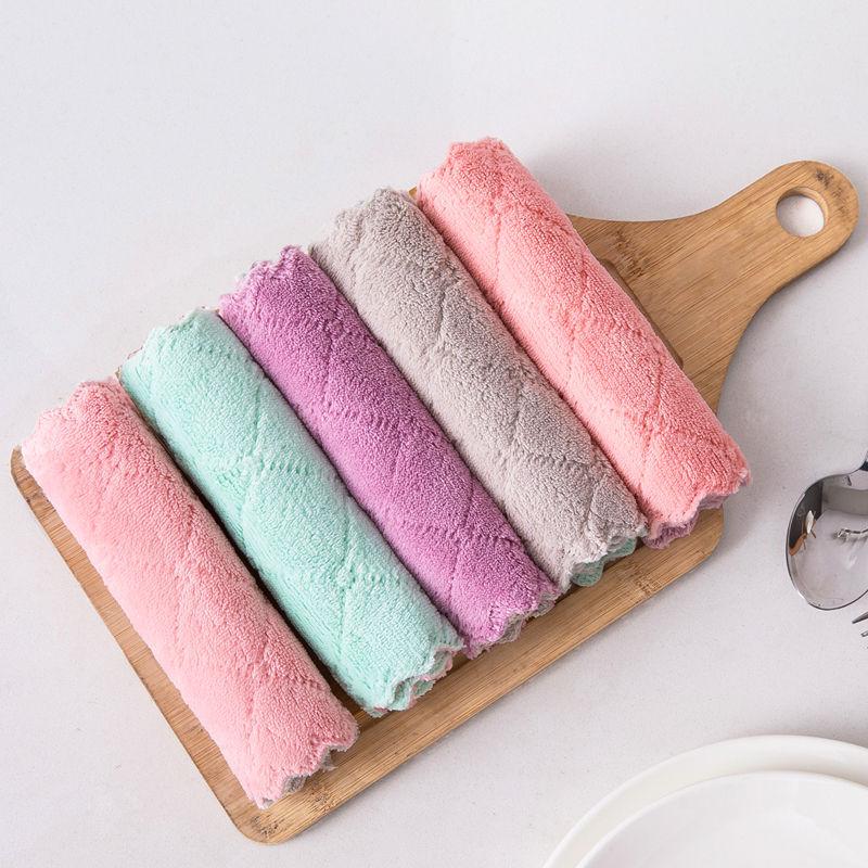 Kitchen Oil-Repellent Double-Sided Scouring Pad - Two-Color Coral Fleece Dishwashing Cloth, Water-Absorbent & Thick for Easy Cleaning. 15*20 (Thickened)