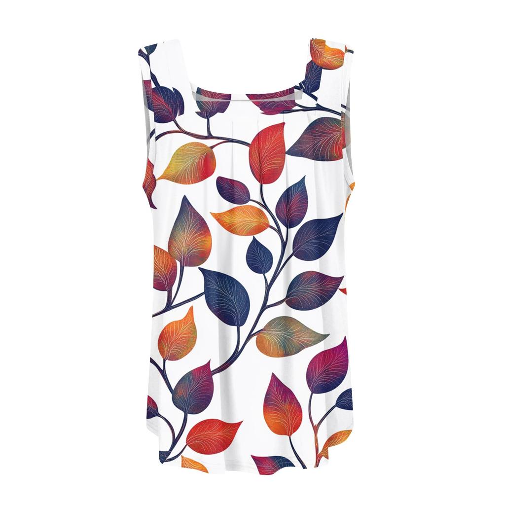 Damen Plissiertes Quadratischer Ausschnitt Ärmellos Tank Top Blumenmuster T-Shirt