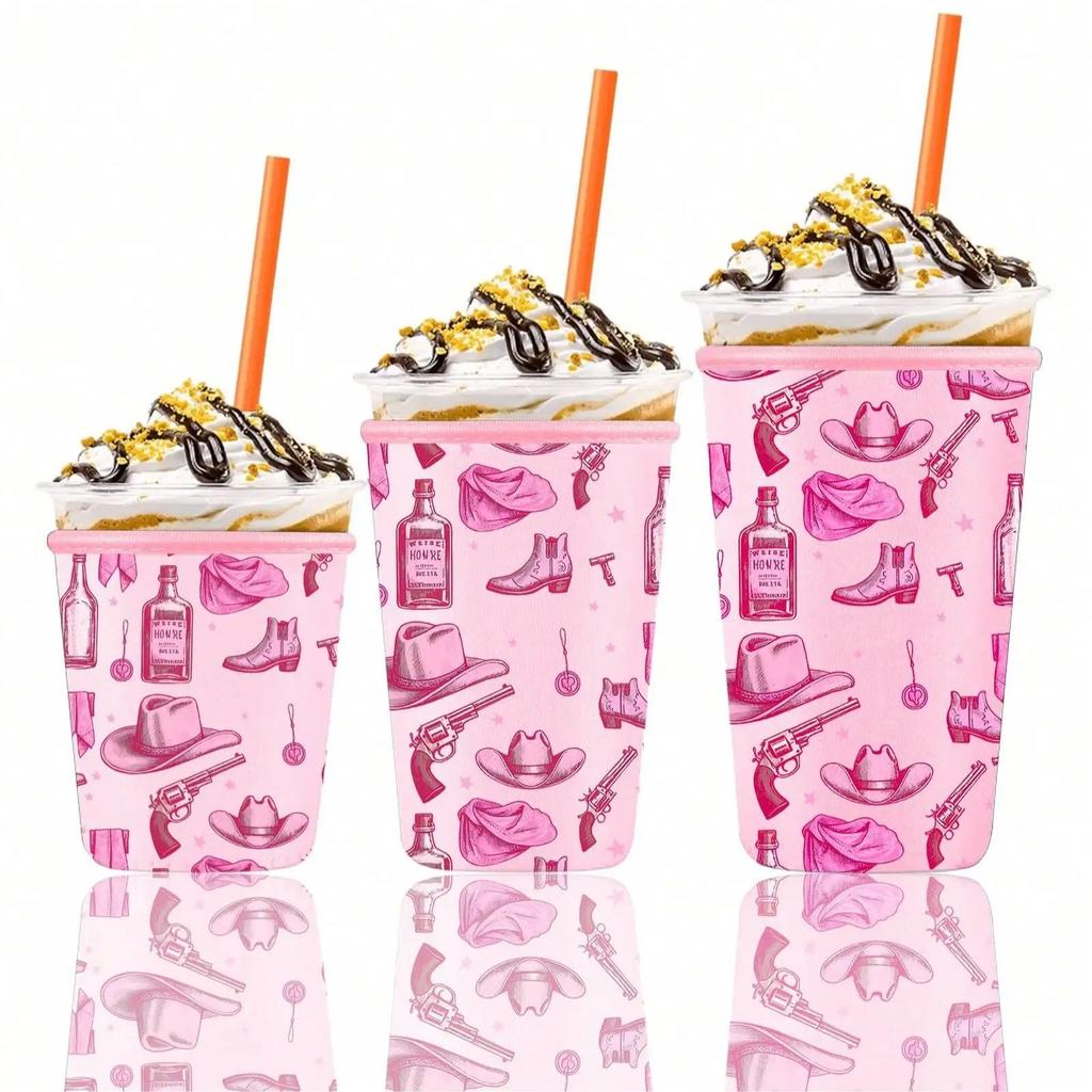 3pcs Pink Cowgirl Casino Paper Reusable Neoprene Insulator Sleeve for Iced Coffee Cups, 3 Pack Coffee Coolies Sleeves for Iced &